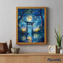 Laden Sie das Bild in den Galerie-Viewer, Diamond Painting - Mondlicht-Torii mit Glühwürmchen – 40 x 50 cm auf Keilrahmen gespannt
