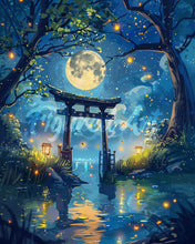 Laden Sie das Bild in den Galerie-Viewer, Diamond Painting - Mondlicht-Torii mit Glühwürmchen – 40 x 50 cm auf Keilrahmen gespannt