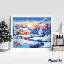Laden Sie das Bild in den Galerie-Viewer, Diamond Painting - Winterhütte im Sonnenuntergang