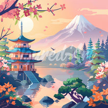 Laden Sie das Bild in den Galerie-Viewer, Mini Diamond Painting 25 x 25 cm - Pagode und Mount Fuji