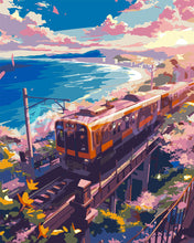 Laden Sie das Bild in den Galerie-Viewer, Malen nach Zahlen Figured'Art – Sakura-Bahnlinie am Ozean
