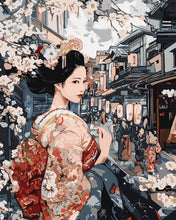 Laden Sie das Bild in den Galerie-Viewer, Malen nach Zahlen Figured'Art – Geisha in einer Vintage-Straße
