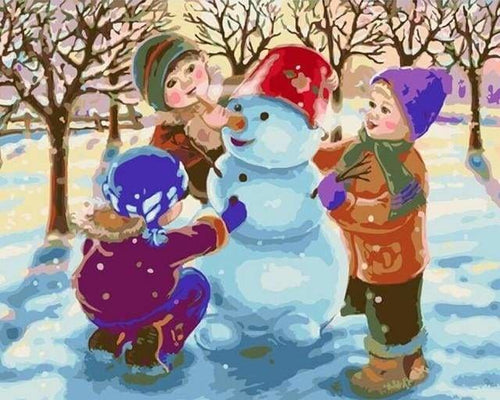Malen nach Zahlen – Drei Kinder spielen im Schnee
