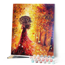 Laden Sie das Bild in den Galerie-Viewer, Malen nach Zahlen für Erwachsene | Herbstwald und Frau mit Regenschirm | Figured'Art
