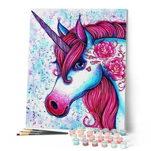 Laden Sie das Bild in den Galerie-Viewer, Malen nach Zahlen für Erwachsene | Einhorn rot und blau | Figured'Art