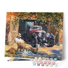 Laden Sie das Bild in den Galerie-Viewer, Malen nach Zahlen für Erwachsene | Schlafender Mann in der Nähe seines Wagens | Figured'Art