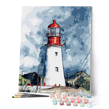 Laden Sie das Bild in den Galerie-Viewer, Malen nach Zahlen für Erwachsene | Leuchtturm unter dunklem Himmel | Figured'Art
