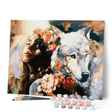 Laden Sie das Bild in den Galerie-Viewer, Malen nach Zahlen für Erwachsene | Frau und weißer Wolf | Figured'Art