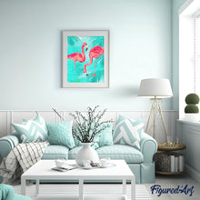 Laden Sie das Bild in den Galerie-Viewer, Duo von rosa Flamingos und Laub