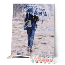 Laden Sie das Bild in den Galerie-Viewer, Malen nach Zahlen für Erwachsene | Frau in Blau mit Regenschirm | Figured'Art