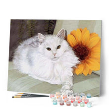 Laden Sie das Bild in den Galerie-Viewer, Malen nach Zahlen für Erwachsene | Weiße Katzen und Sonnenblume | Figured'Art
