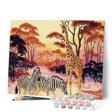 Laden Sie das Bild in den Galerie-Viewer, Malen nach Zahlen für Erwachsene | Zebra und Giraffe bei Sonnenuntergang | Figured'Art