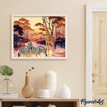 Laden Sie das Bild in den Galerie-Viewer, Malen nach Zahlen für Erwachsene | Zebra und Giraffe bei Sonnenuntergang | Figured'Art