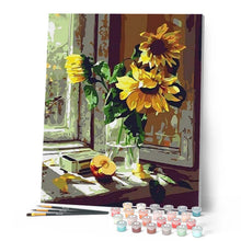 Laden Sie das Bild in den Galerie-Viewer, Malen nach Zahlen für Erwachsene | Sonnenblumen und Apfel vor dem Fenster | Figured'Art