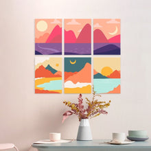 Laden Sie das Bild in den Galerie-Viewer, Mini Serie Malen nach Zahlen 15x20 cm (6 Stück) - Gipfel im Sonnenuntergang