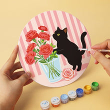 Laden Sie das Bild in den Galerie-Viewer, Mini Serie Malen nach Zahlen - Scheiben Ø20cm (6 Stück) - Schwarze Katze und Blumen