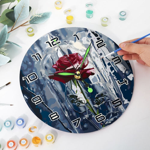 Malen nach Zahlen Uhr - Verzauberte Rose
