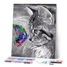 Laden Sie das Bild in den Galerie-Viewer, Diamond Painting | Diamond Painting - Cat and Butterfly colorful | animals butterflies cats Diamond Painting Animals | FiguredArt