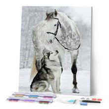 Laden Sie das Bild in den Galerie-Viewer, Diamond Painting | Diamond Painting - Horse &amp; Wolf in the Snow | animals Diamond Painting Animals horses rabbits winter | FiguredArt