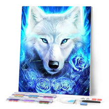 Laden Sie das Bild in den Galerie-Viewer, Diamond Painting | Diamond Painting - Wolf and Blue Roses | animals Diamond Painting Animals | FiguredArt