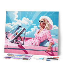 Laden Sie das Bild in den Galerie-Viewer, Diamond Painting – Diva in einem rosa Retro–Auto – 40 x 50 cm auf Keilrahmen gespannt