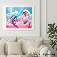 Laden Sie das Bild in den Galerie-Viewer, Diamond Painting – Diva in einem rosa Retro–Auto – 40 x 50 cm auf Keilrahmen gespannt