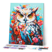 Laden Sie das Bild in den Galerie-Viewer, Diamond Painting - Bunte Eule in voller Blüte – 40 x 50 cm auf Keilrahmen gespannt
