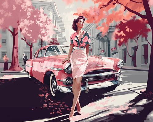 Diamond Painting - Dame mit Rosa Oldtimer