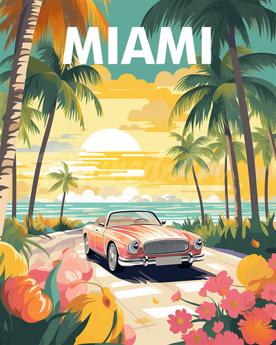Diamond Painting - Reiseposter Miami Sonnenuntergang – 40 x 50 cm auf Keilrahmen gespannt