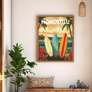 Diamond Painting - Reiseposter Honolulu – 40 x 50 cm auf Keilrahmen gespannt
