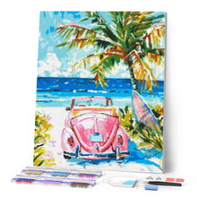 Laden Sie das Bild in den Galerie-Viewer, Diamond Painting - Rosa Auto am Meer – 40 x 50 cm auf Keilrahmen gespannt