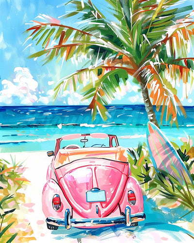 Diamond Painting - Rosa Auto am Meer – 40 x 50 cm auf Keilrahmen gespannt
