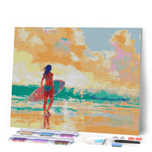 Laden Sie das Bild in den Galerie-Viewer, Diamond Painting - Surfmädchen im Morgengrauen – 40 x 50 cm auf Keilrahmen gespannt