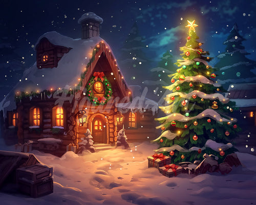 Diamond Painting - Schneebedeckte Weihnachtshütte – 40 x 50 cm auf Keilrahmen gespannt