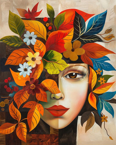 Diamond Painting - Von Picasso inspiriertes Herbst-Flora-Gesicht – 40 x 50 cm auf Keilrahmen gespannt