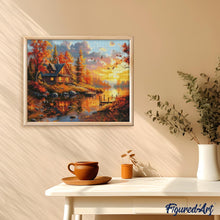 Laden Sie das Bild in den Galerie-Viewer, Diamond Painting - Herbstsonnenuntergang bei der Hütte – 40 x 50 cm auf Keilrahmen gespannt