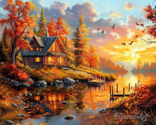 Laden Sie das Bild in den Galerie-Viewer, Diamond Painting - Herbstsonnenuntergang bei der Hütte