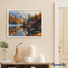 Laden Sie das Bild in den Galerie-Viewer, Diamond Painting - Herbsthütte am Seeufer – 40 x 50 cm auf Keilrahmen gespannt