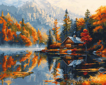 Laden Sie das Bild in den Galerie-Viewer, Diamond Painting - Herbsthütte am Seeufer – 40 x 50 cm auf Keilrahmen gespannt