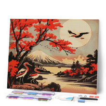 Laden Sie das Bild in den Galerie-Viewer, Diamond Painting - Kraniche mit Blick auf Mount Fuji – 40 x 50 cm auf Keilrahmen gespannt