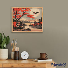 Laden Sie das Bild in den Galerie-Viewer, Diamond Painting - Kraniche mit Blick auf Mount Fuji – 40 x 50 cm auf Keilrahmen gespannt