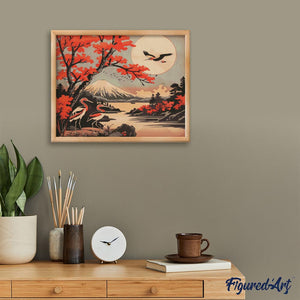 Diamond Painting - Kraniche mit Blick auf Mount Fuji – 40 x 50 cm auf Keilrahmen gespannt