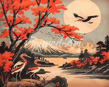Laden Sie das Bild in den Galerie-Viewer, Diamond Painting - Kraniche mit Blick auf Mount Fuji – 40 x 50 cm auf Keilrahmen gespannt