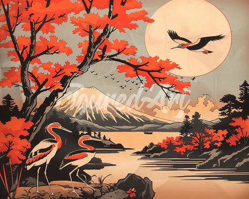 Diamond Painting - Kraniche mit Blick auf Mount Fuji – 40 x 50 cm auf Keilrahmen gespannt