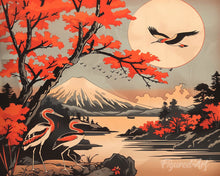 Laden Sie das Bild in den Galerie-Viewer, Diamond Painting - Kraniche mit Blick auf Mount Fuji – 40 x 50 cm auf Keilrahmen gespannt