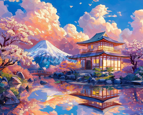 Diamond Painting - Tempelblick mit Mount Fuji