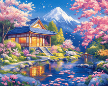 Laden Sie das Bild in den Galerie-Viewer, Diamond Painting - Kirschbüten Haus am Teich – 40 x 50 cm auf Keilrahmen gespannt