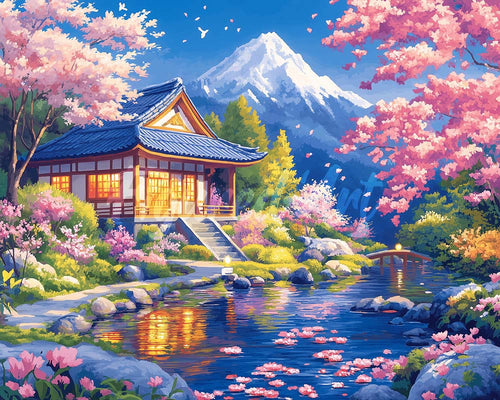 Diamond Painting - Kirschbüten Haus am Teich