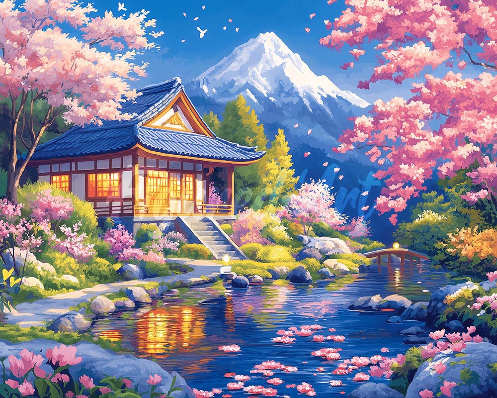 Diamond Painting - Kirschbüten Haus am Teich