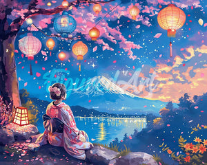 Diamond Painting - Mädchen, Laternen und Mount Fuji